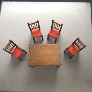 Dollhouse 1:12 Wood Rectangular Dining Table w/ 5 chairs (dark tone, red fabric)